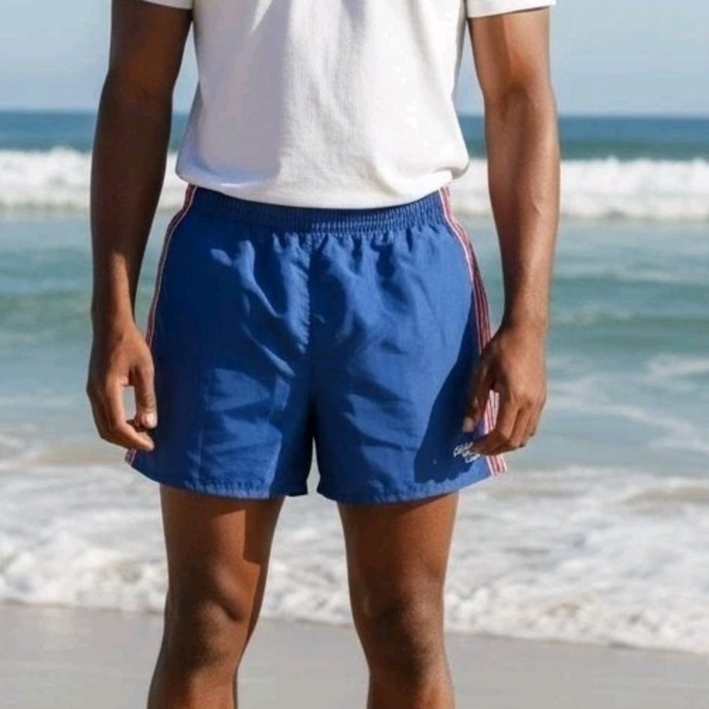 Vintage California Shores Swim Trunks Blue with Red and White Side Stripes Sz L